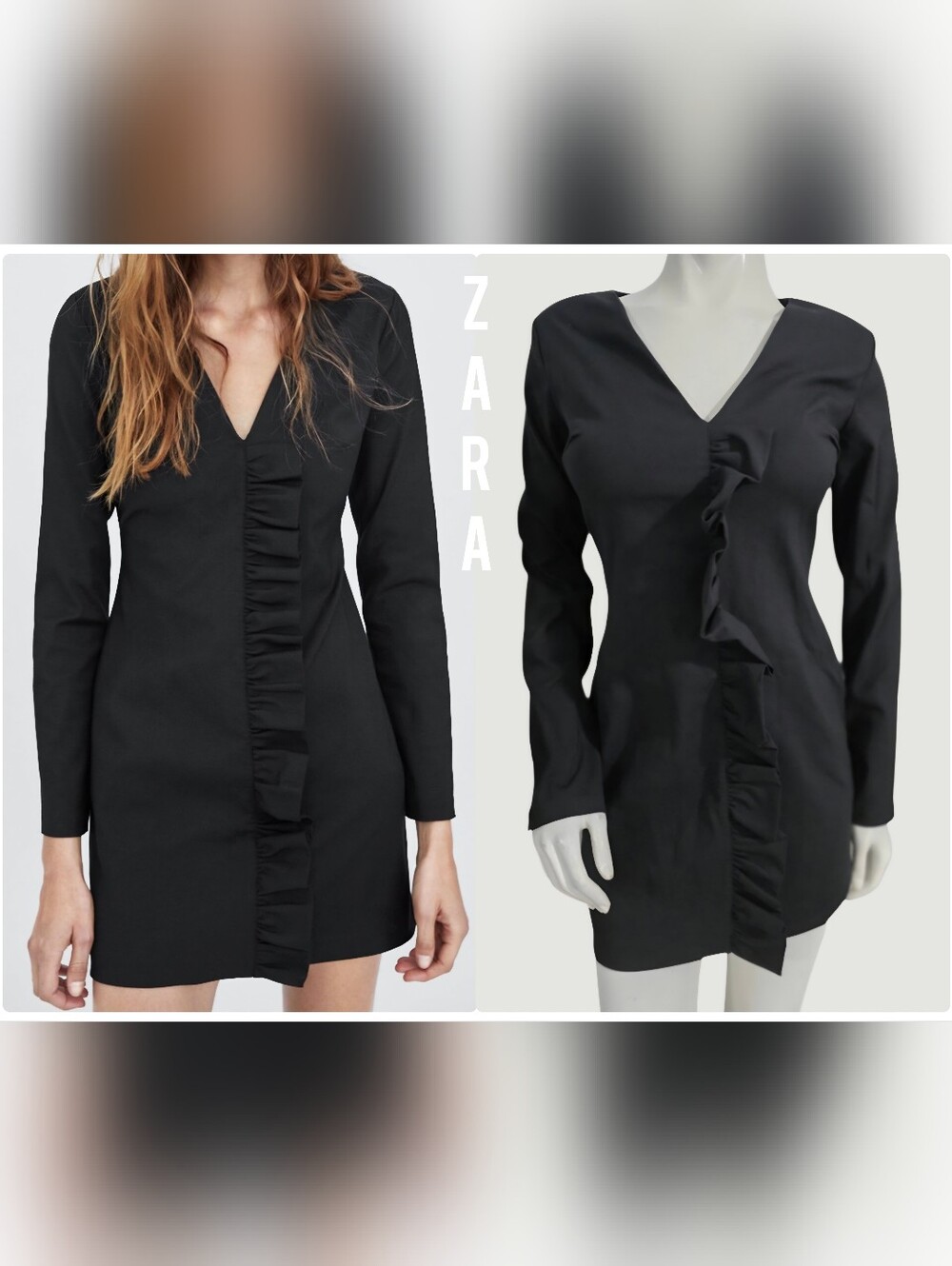 Zara Black Ruffle-Front V-Neck Long Sleeve Mini Dress Size M NWT
